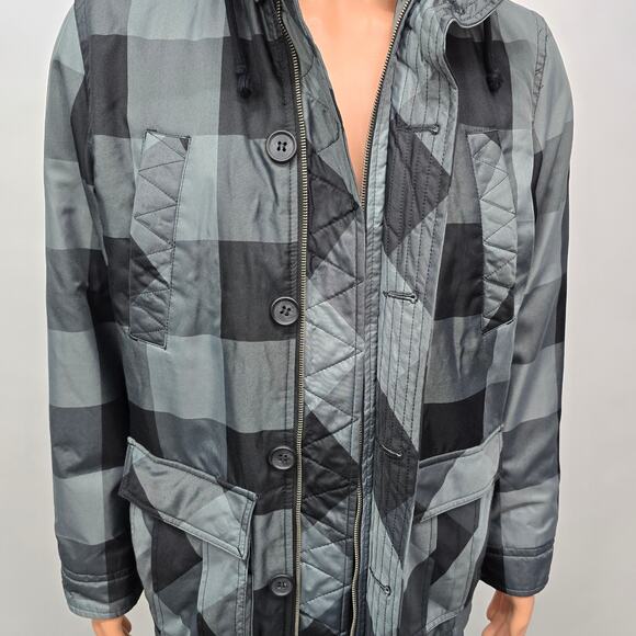 Legendary Goods Hooded Winter Coat Jacket Zip-up Button Men S/M Black Gray Check - Picture 5 of 12
